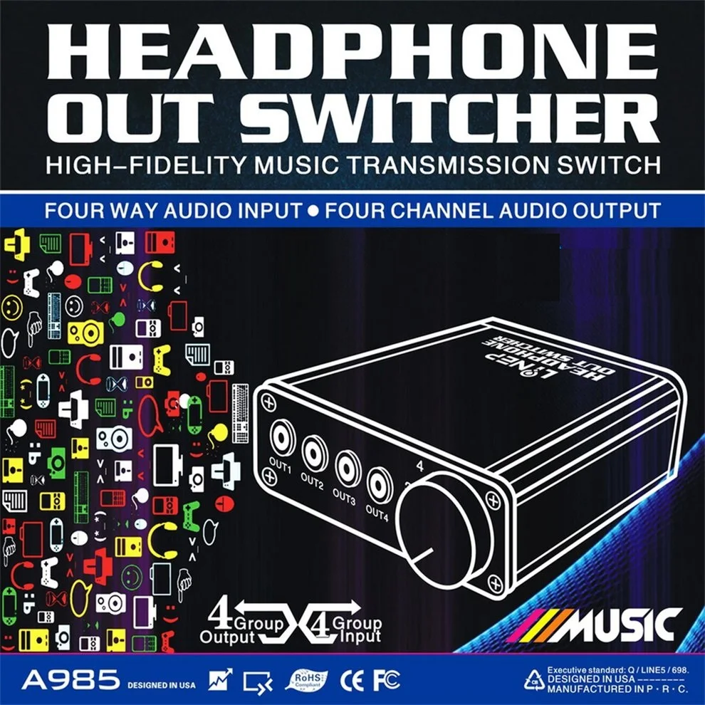 5PCS 4 Input 4 Output Headphone 3.5mm MP3 Audio Signal Switcher Digital