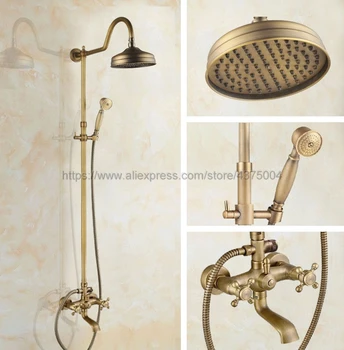 

Wall Shower Set Faucet Antique Brass Dual Cross Handles Bath Shower Mixer Taps 8" Rainfall with Handshower Nan822