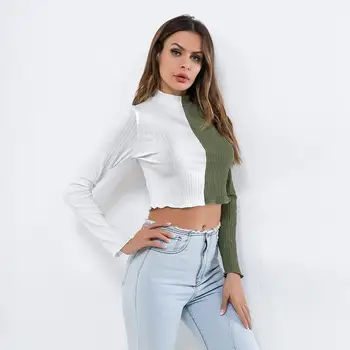 

Women Crop tops Long Sleeve Knitted T-shirt Short Style Turtleneck Sexy Patchwork T shirts Streetwear 2019 Spring Autumn