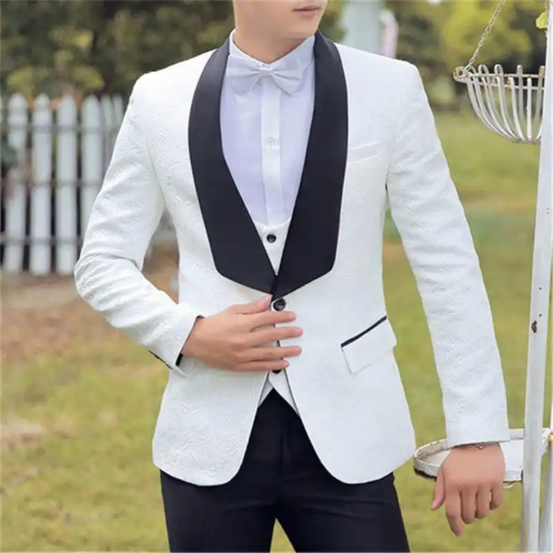 Patron Blanco Con Solapa Negra Traje De Hombre Para Boda Novio Chaqueta De Esmoquin Para Baile De Graduacion Para Hombre Blazer 3 Piezas Chaqueta Pantalon Chaleco Corbata Aliexpress