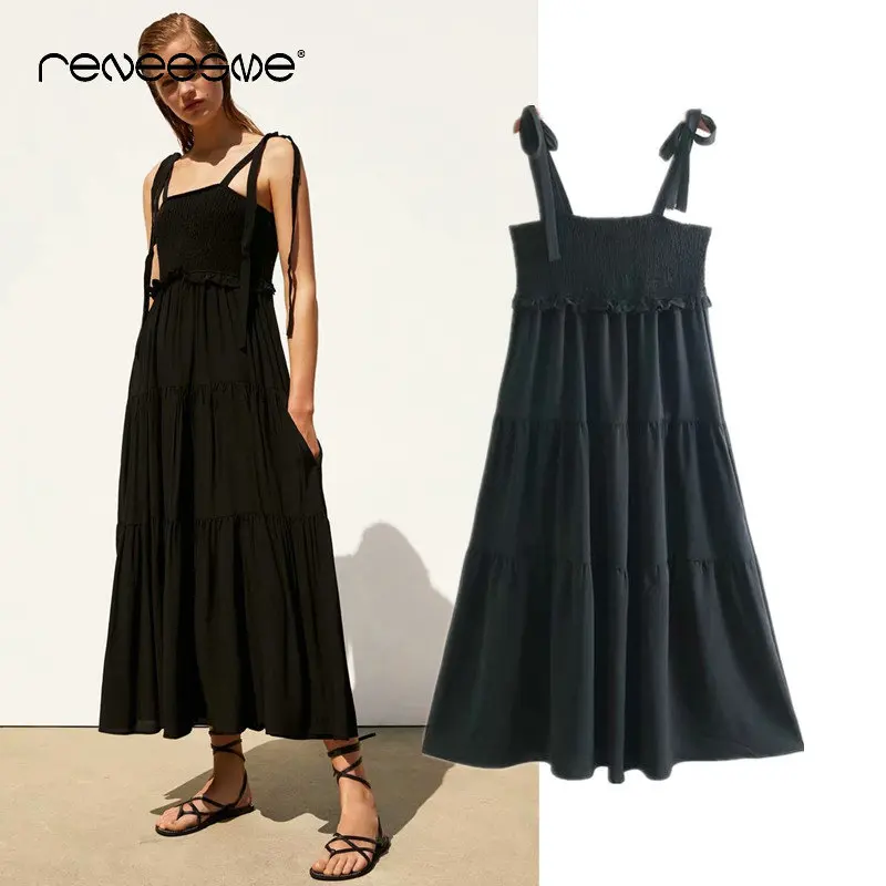 

new women dress a line solid spaghetti strap bohemian summer elastic bust ladies dresses mid-calf sleeveless high waist vestidos