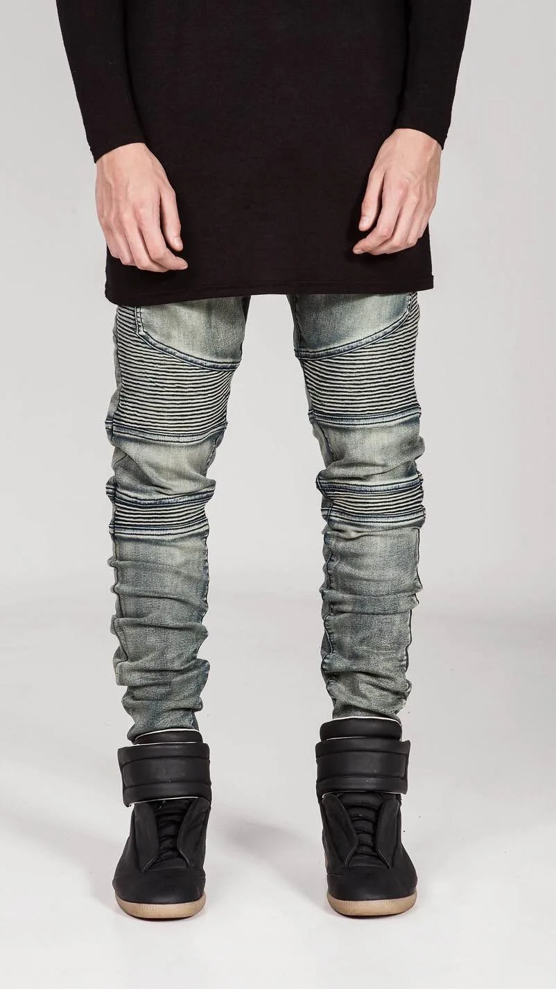 Известный бренд мужские винтажные рваные колени дизайнерские рваные джинсы хлопок тонкий хип-хоп уличные джинсовые мотоциклетные брюки мужские брюки из денима