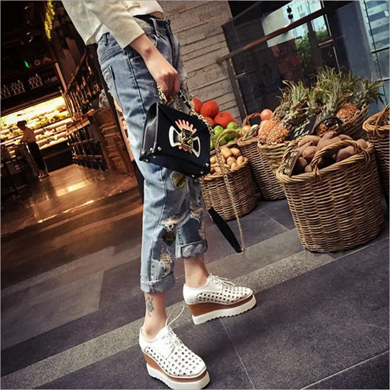 

2019 Woman Jeans Plus size High waist streetwear loose nine pants Korean version of the hole fat mm100 kg feet mom jeans women