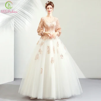 

SSYFashion 2019 New Luxury Evening Dress Banquet Elegant Light Chamapgne 3/4 Sleeve V-neck A-line Floor-length Formal Prom Gown