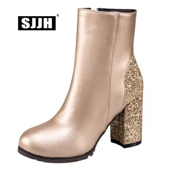 

SJJH Women Bling Chelsea Boots with Round Toe Chunky Patchwork Short Plush Ankle Boot Fashion Roman Casual Shoes Large Size Q412
