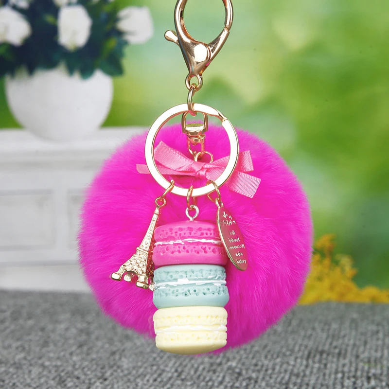 

Fashion Cake Macarons Keychain Rabbit Fur Pom Pom Key Ring Eiffel Tower Leather Belt Women Car Handbag Charms Pendant Key Chains