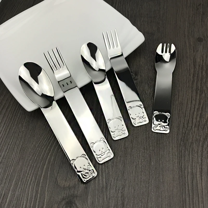 Kids Cutlery Set Quality Stainless Steel Cartoon Bear Pattern Children Tableware Dinner Soup Spoon Salad Fork Dinnerware | Дом и сад
