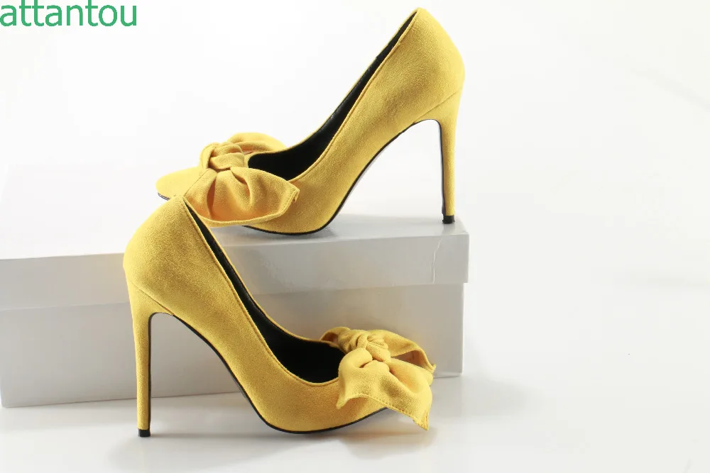 Grande As Mariage Jaune Pointu Talon Stiletto 42 Taille Mince Color Femme Bowtie 35 Pompes Bout Femmes Showed Chaussures Daim Talons Hauts De FZHBnwnOqg