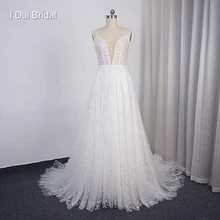 Спагетти ремень погружающийся шеи свадебное платье с цветочным блестящим слоем блесток и пояс для свадебного платья