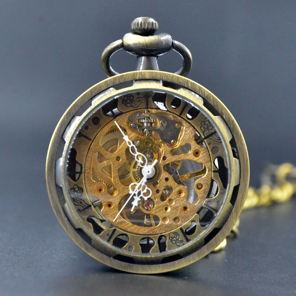 M061 Hand Wind Mechanical Pocket Watch With Box Bronze Skeleton Gears