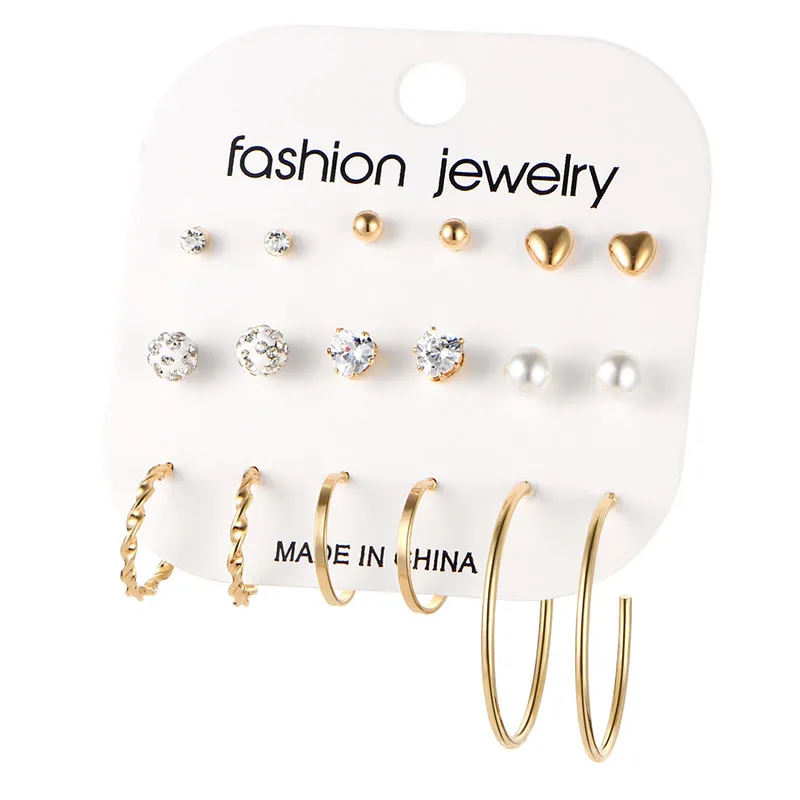 

2019 New Luxury Exaggerated Metal Crystal Earrings Set With 9-piece Stud Earrings Pearl Earrings For Women Combination Jewelry