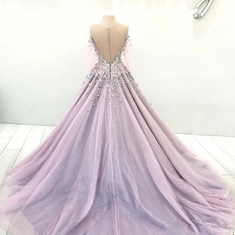 robe de soiree Dubai Evening Dresses Lavender vestido de festa longo Beaded Formal Gown Evening Dress Long Sleeves abendkleider