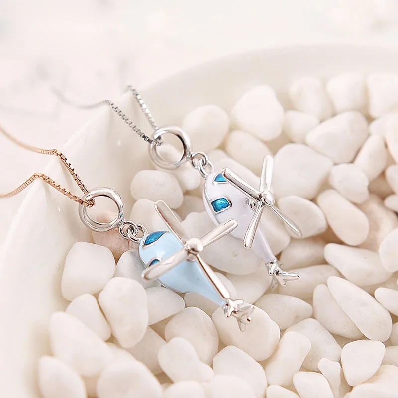 

White/Blue Enamel Helicopter Plane 925 Silver Pendant