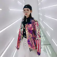 Casual wild Denim Coat Women 2019 Spring New Sequins Jeans Jacket American flag print lapel Women's Basic Cool Denim Jackets