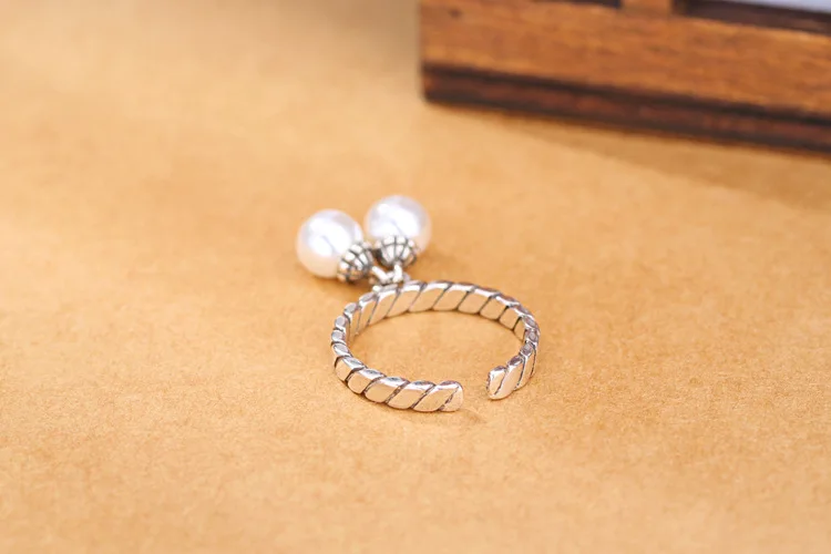 Индивидуальные Панк Ретро 925 пробы серебряные кольца с искусственным жемчугом для женщин Простые Женские кольца регулируемого размера Свадебные ювелирные изделия