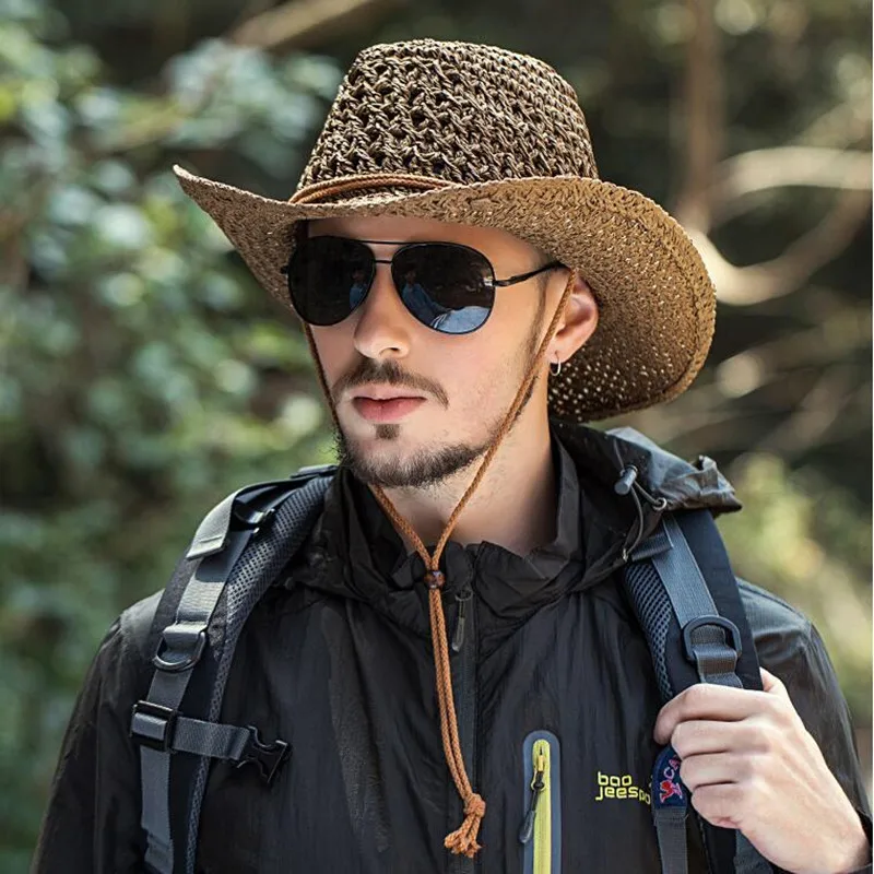 Outdoor Cowboy Hat Men's Summer Hand-made Cowboy Straw Cap Male Casual Fishing Climbing Sun Protection Breathable Hats H7260