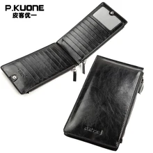 P. KUONE Marke Echtes Leder Männer Lange Kreditkarteninhaber Vintage Öl Wachs Leder Reißverschluss Kupplung Brieftasche Geldbörse Kartenhalter