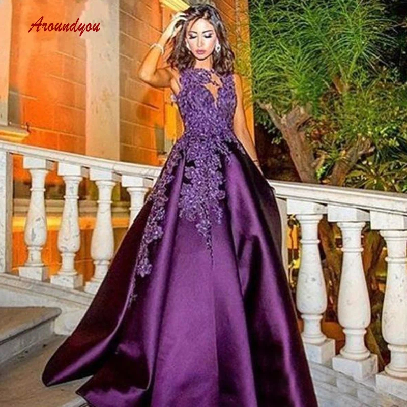 Фиолетовые длинные кружевные вечерние платья вечерние сексуальные линии большой размер, сатиновый женский Формальное вечернее платье