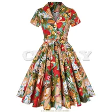 CUERLY 50s 60s Retro Vintage Dress Short Sleeve Car and Beauty Pattern Floral Print Elegant Women Plus Size Autumn Dress SD0002 plus size short sleeve floral pattern swimwear for women