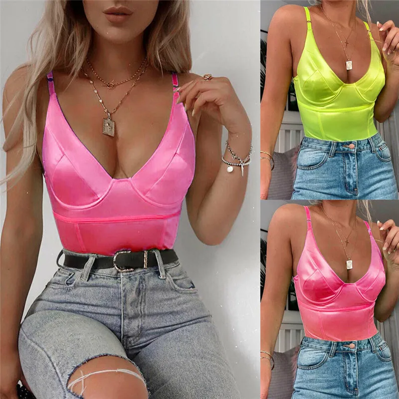 

2019 Sexy Women Sleeveless Bright Deep V-neck Bodysuit Leotard Vest Tops Jumpsuit Bodycon Slim Clubwear Bodysuit One-piece Hot
