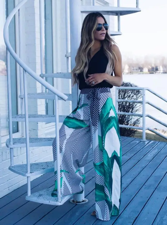 

Plus Size Fashion Women's Wide Leg Long Pants Floral Striped High Waist Casual Pants Ladies Loose Long Trousers S-XL