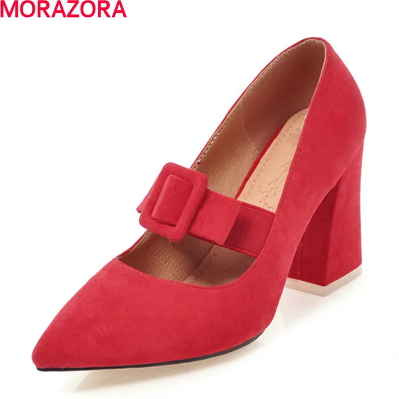 

MORAZORA new arrival flock square heels shoes woman fashion elegant work shoes pointed toe women pumps solid big size 34-46