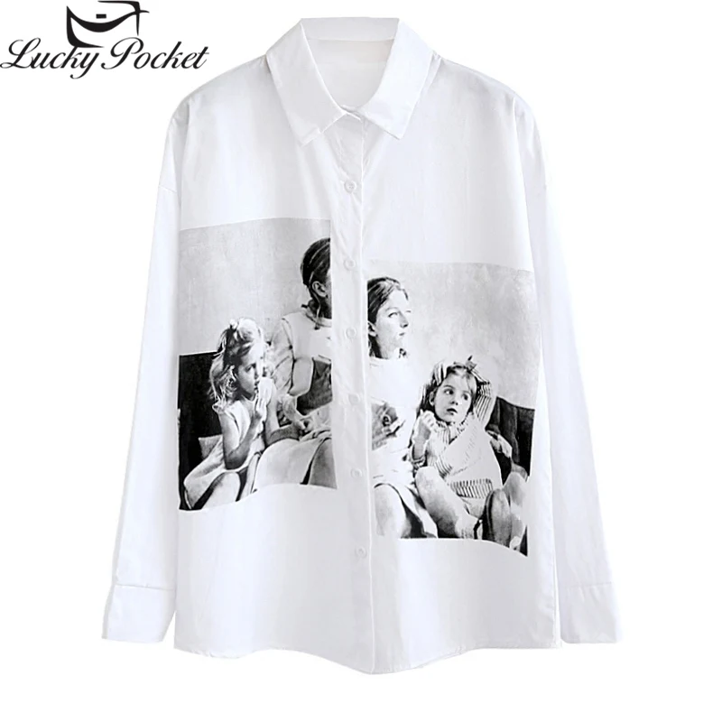 

Women Spring New White Long Sleeve Casual Blouse Female Summer Tops Fashion Print Turn Down Collar Loose Slim Shirts Z543