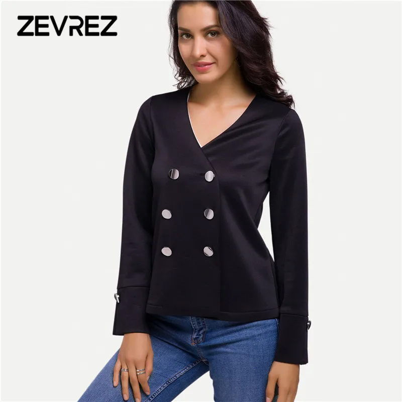 2018 Autumn Jackets Women Short Black Double Breasted Coat Casual V