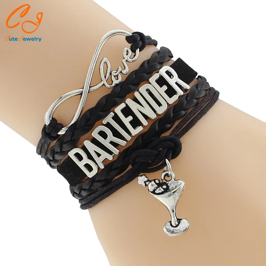 

New Infinity Love 8 Bracelets Bartender Bracelet Wine Glass Charm Rope Braid Leather Fashion Jewelry Best Gifts For Bartenders