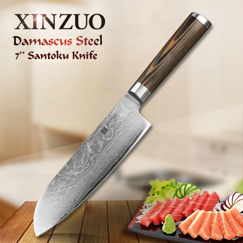 

XINZUO 7" inch Santoku Knife Damascus Steel Kitchen Chef Knives Very Sharp Japanese VG10 Steel Cooking Knife Pakka Wood Handle