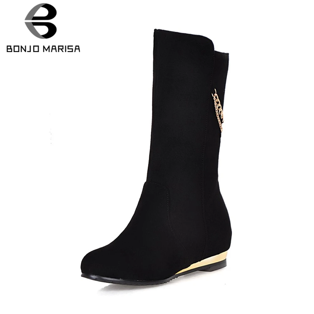 

BONJOMARISA New Big Size 32-43 Elegant Metal Docorating mid-calf Boots Women 2019 Autumn Add Fur Boots Med Heels Shoes Woman