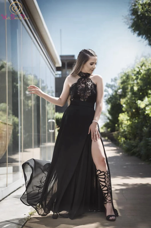 

High Slit Evening Dress Black Halter A-line Sleeveless Chiffon Floor Length Illusion Elegant Formal Party Custom Made Prom Gown