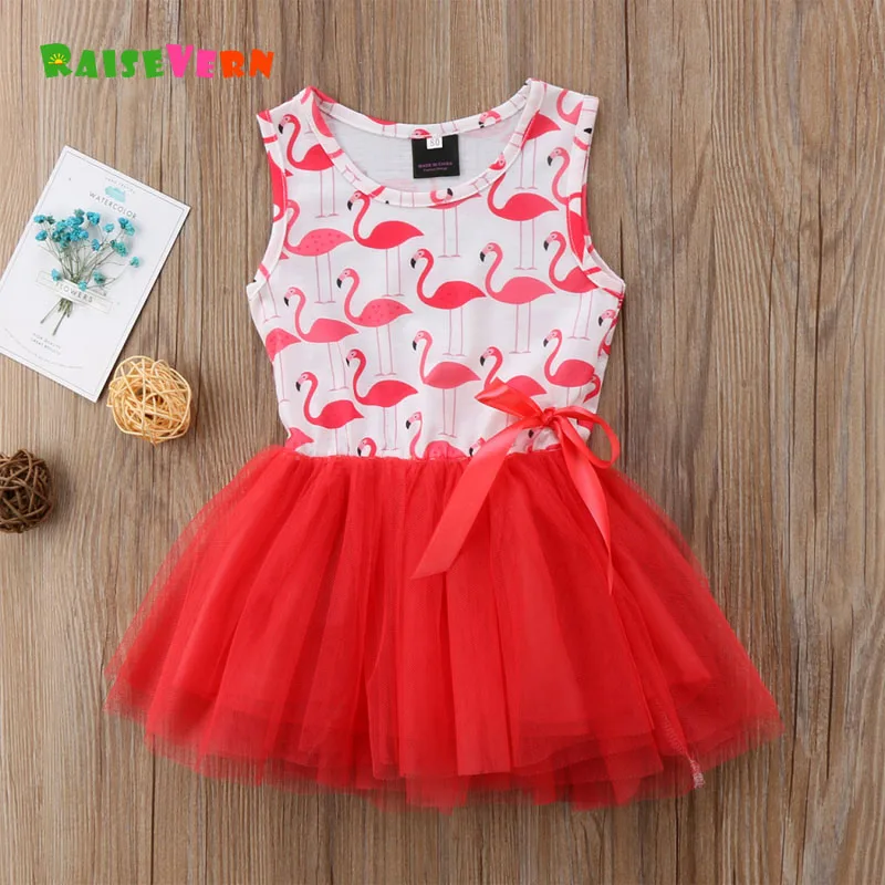 

2019 Baby Girls Flamingo Printing Princess Dresses Kids Sleeveless Mesh Tutu Dress Girl Party Clothes Children Summer Clothing