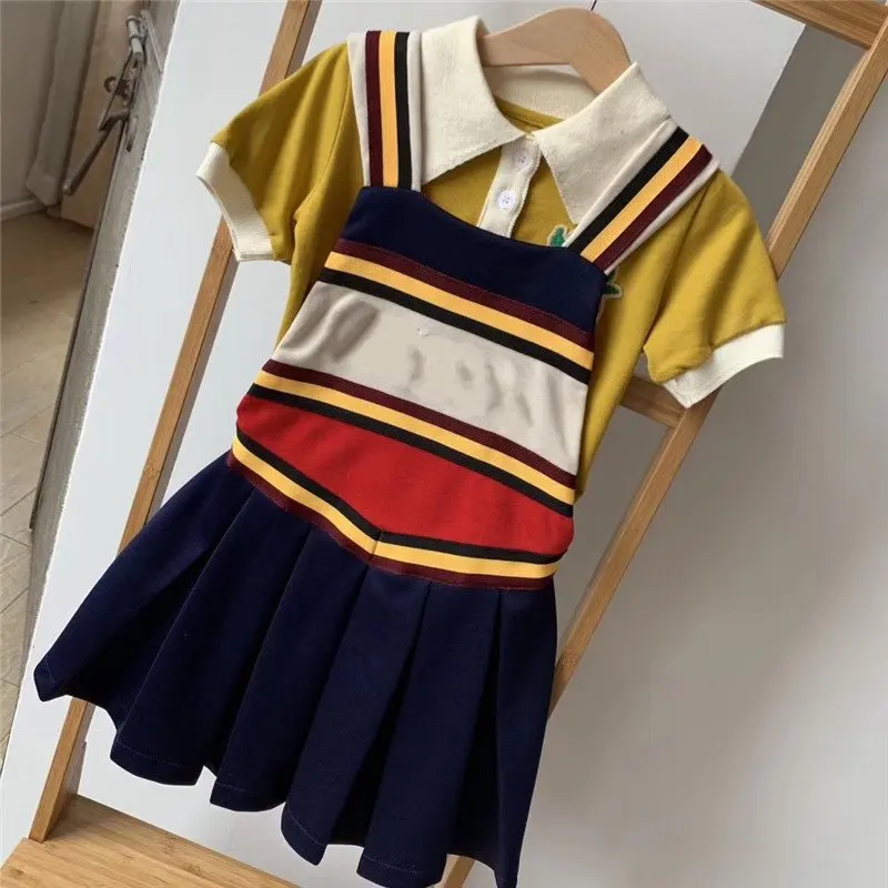 

2019 New Summer&Spring Blue Suspender Dress+Yellow Knitted Shirt For Baby Girl Kids Cherry Brand Children Clothing Set