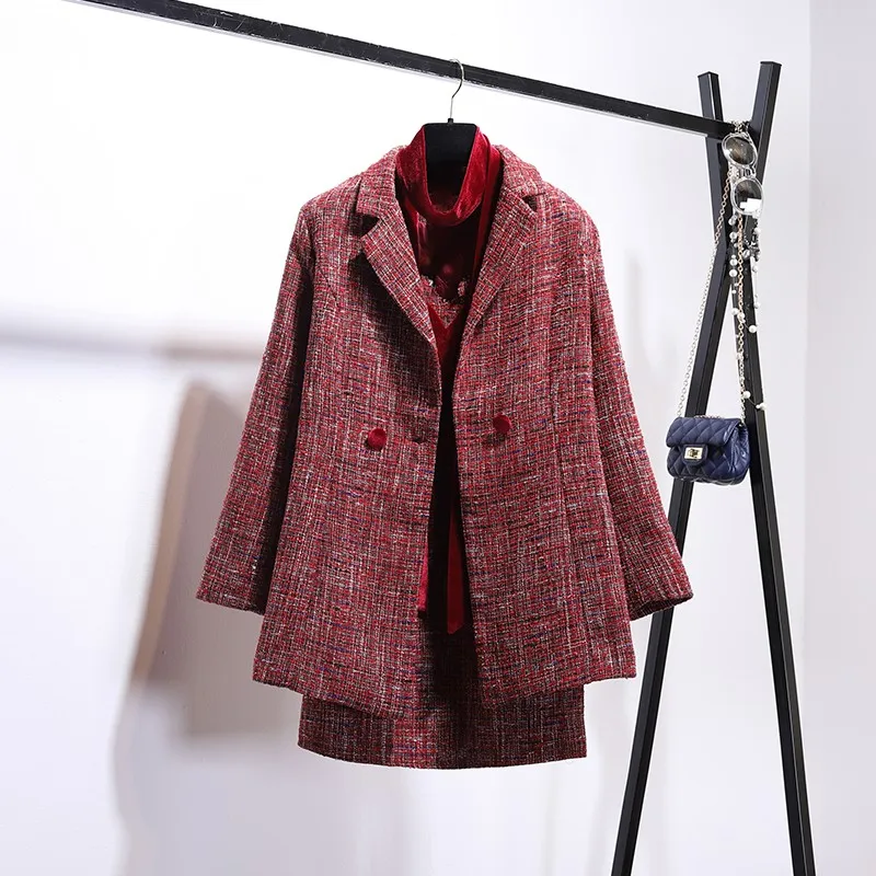 Winter Temperament Ladies Small Fragrance Velvet Dress+ Knit Coarse Woolen Jacket Two Sets Women Plaid Coats Female Ribbons - Цвет: wine red