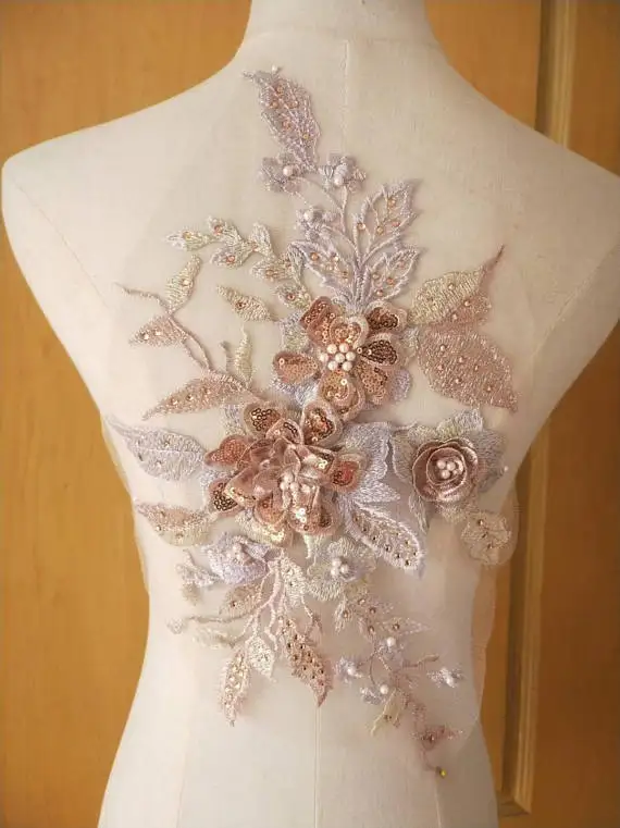 Pearl Beaded Applique Dancing Costume Lace Lyrical Dancing Costume Lace 3D Lace Applique A166-a Rose Gold Lace Appliqu\u00e9