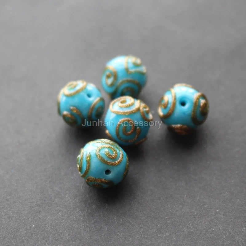 

10pcs/Lot 12mm Handmade Lampwork Glass With Gold Screw Round Light Blue Color Traditional for jewelry Making