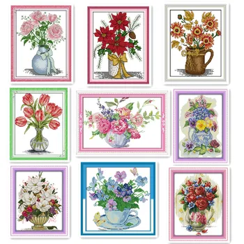 

Stunning beauty flower vase flowers cross stitch kit rose tulip flowers vase beautiful flower arrangement hand embroidery