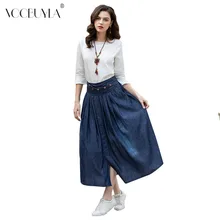 Voobuyla лето осень модная женская винтажная джинсовая юбка высокая Талия Плиссированные Миди джинсовые юбки карман на пуговицах Плюс Размер 6XL юбка