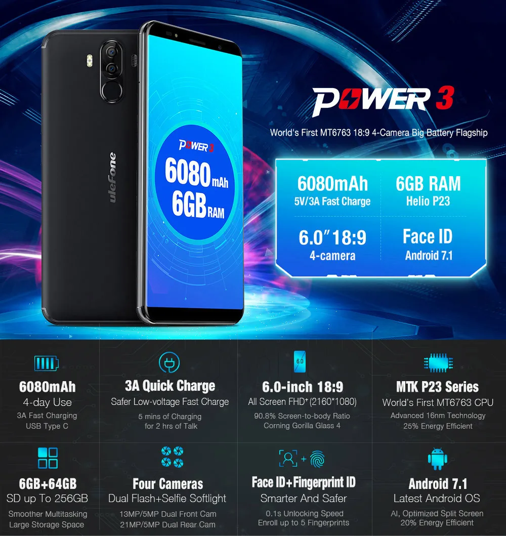 Ulefone power 3 Android 7,1 мобильный телефон 6,0 "18:9 FHD + MT6763 Octa Core 6 ГБ 64 21MP Quad камера 6080 мАч уход за кожей лица ID 4 г смартфон