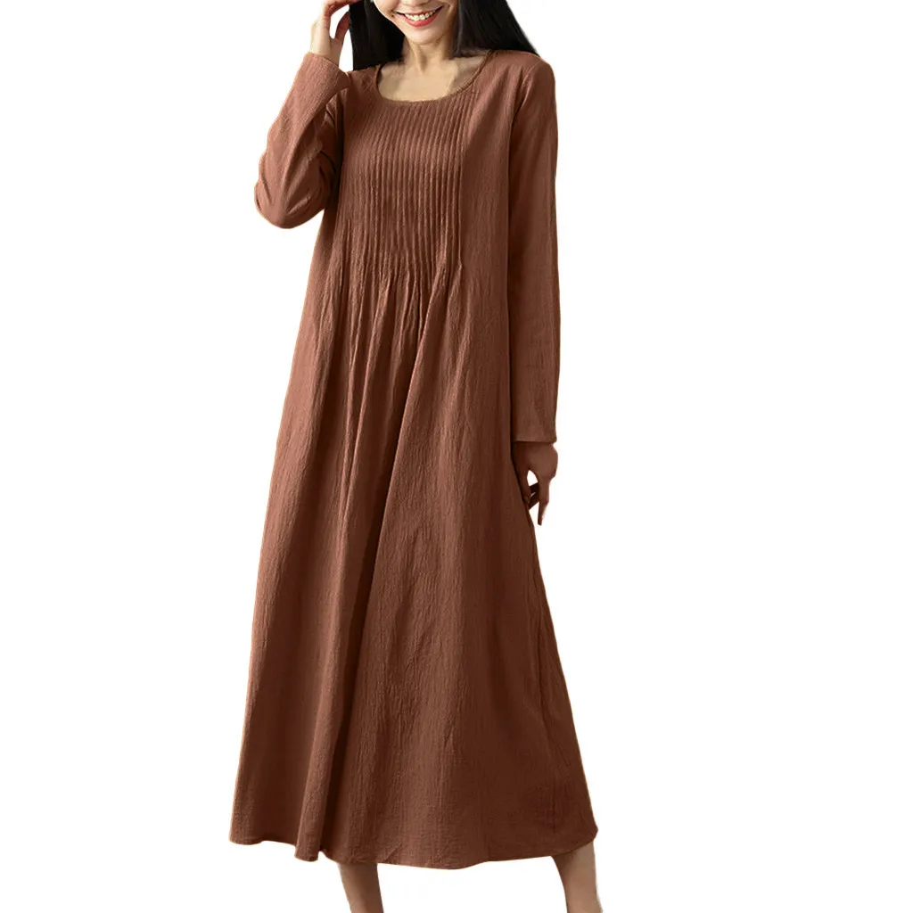 Women Linen Pleated Solid Color Loose Long Sleeve O neck Vintage Dress maxi cute dresses for women long sleeves comfortable #ss