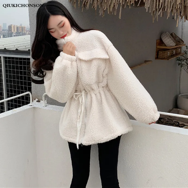 Fluffy Winter Coat Women Korean Fashion Stand Collar Zipper Faux Fur