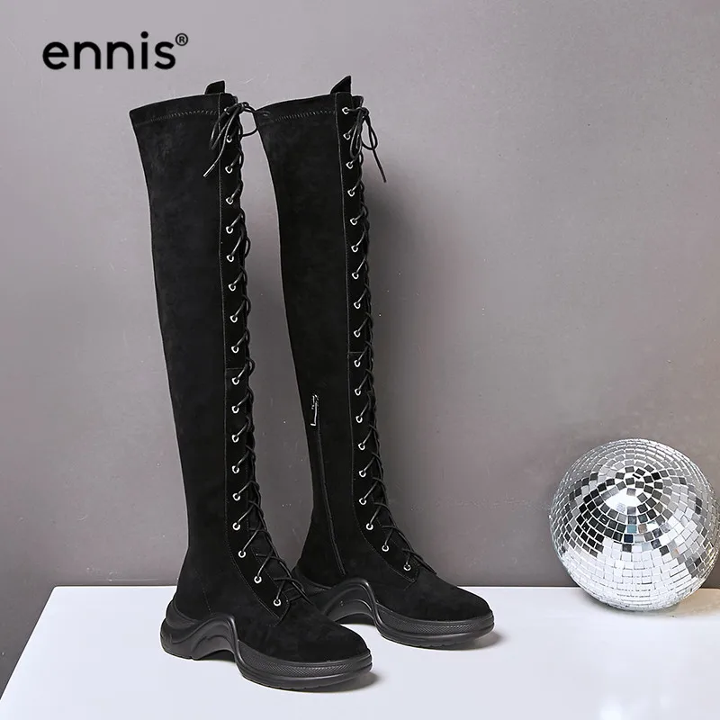 

ENNIS 2019 Black Over The Knee Boots Women Lace Up Knee High Stretch Boots Round Toe Platform Boots Autumn Winter Shoes New L903