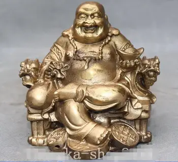 

4" Chinese Bronze Wealth Money YuanBao Dragon Happy Laugh Maitreya Buddha Statue