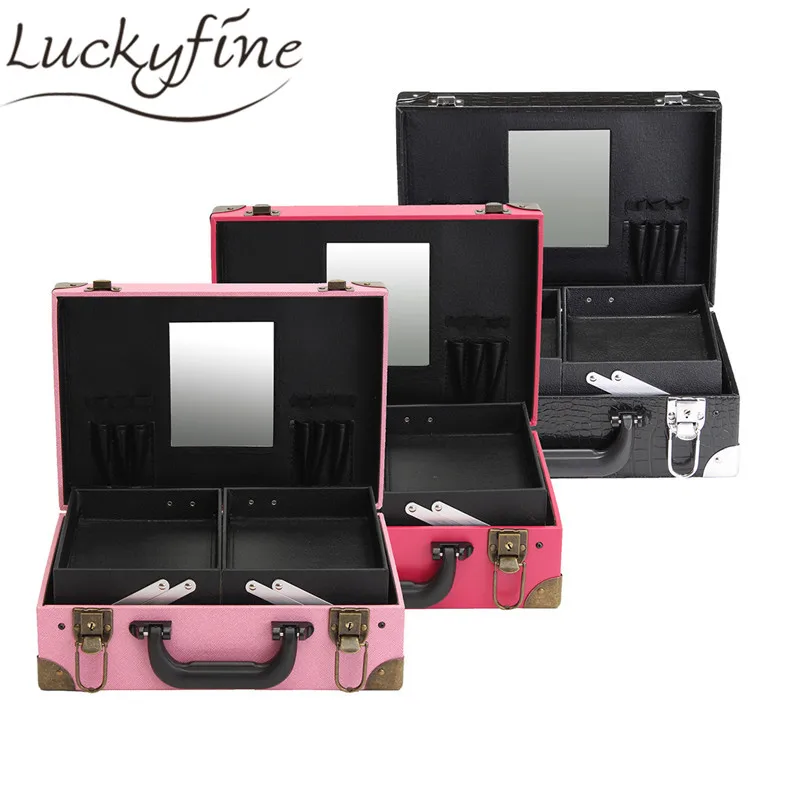 New Fashion Women Cosmetic Organizer Case PU Leather Travel Makeup Bag Professional Beauty Big Capacity Storage Box With Mirror