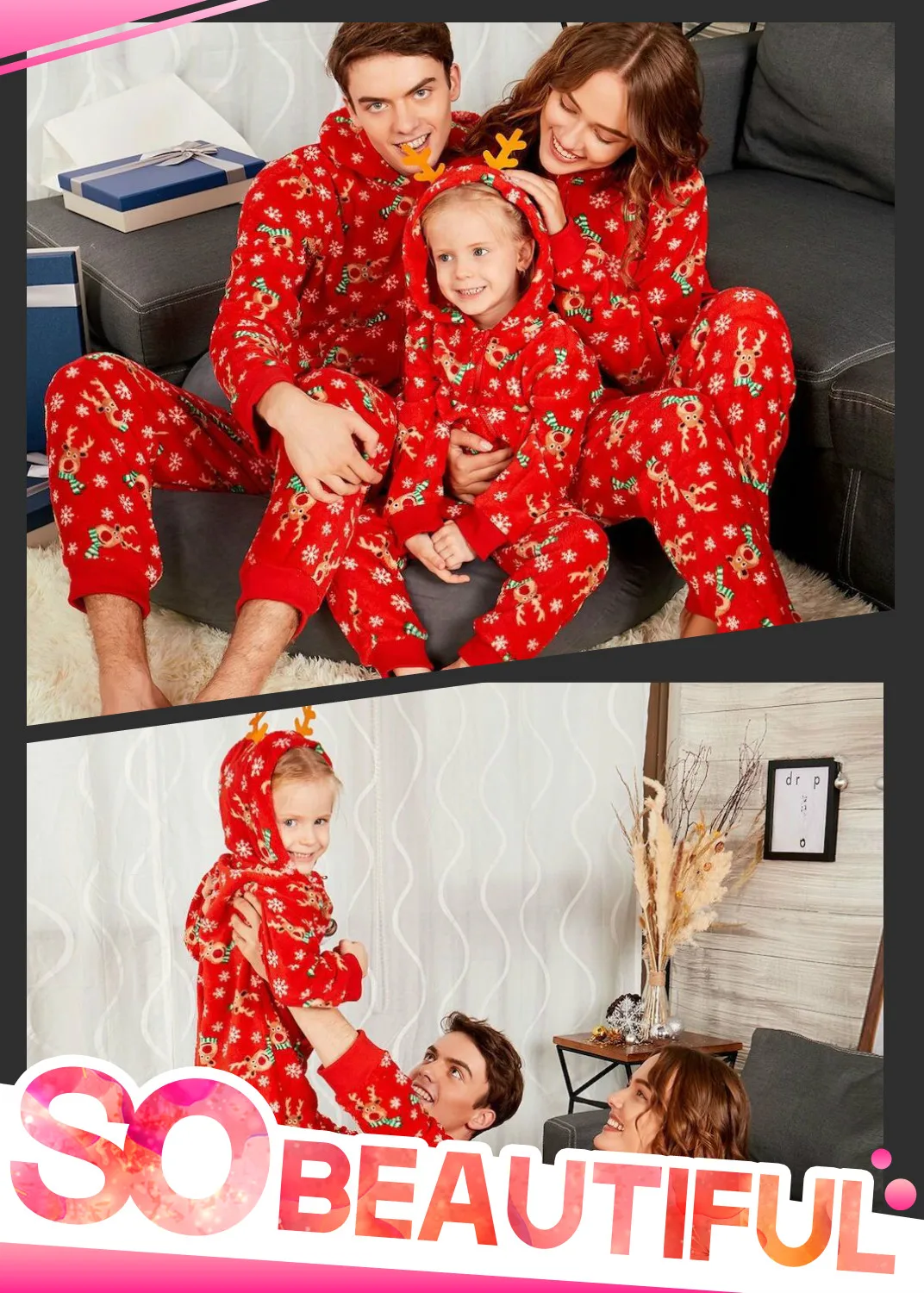 

Christmas Family Matching Pajamas Set Romper Jumpsuit for Women Men Kids Red Print Xmas Sleepwear Nightwear Hooded Zipper Outfit
