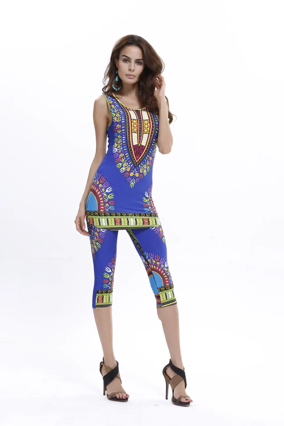 1 Sets women's street fashion ice silk large size geometric totem print vest & pants casual set clothing