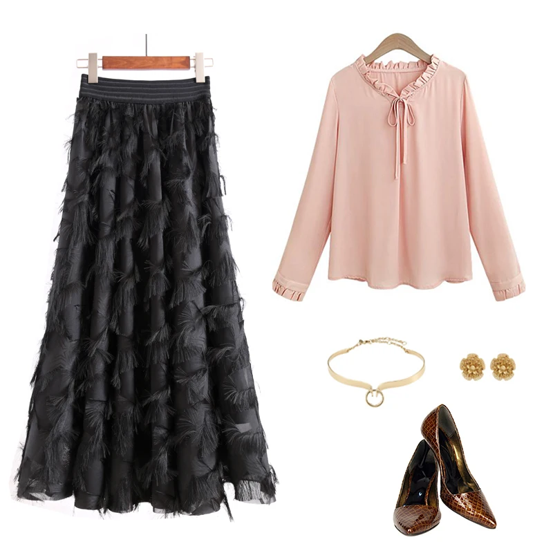 Autumn Winter Feather Tassel Skirts Ankle Length Chiffon Long Skirts For Women Elastic High Waist TuTu Skirt Saias