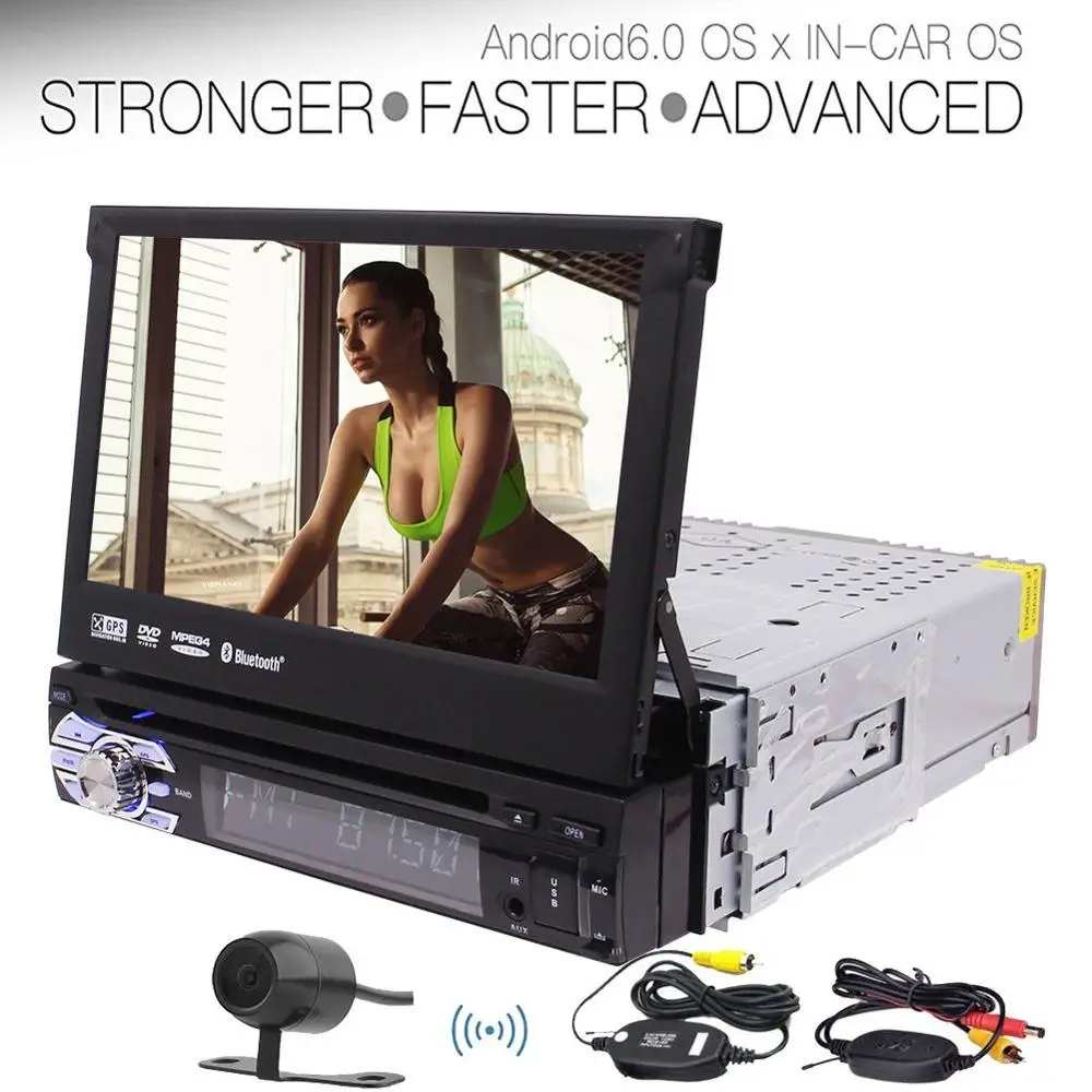 

Wireless Camera + 1 Din Android 6.0 Head Unit 7inch Car Stereo with Adjustable Viewing Angle Support GPS,DVD CD Player,Bluetooth