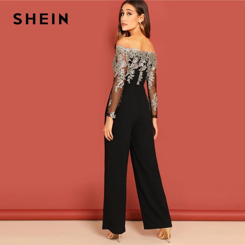 SHEIN Комбинезон С Вышивкой И Открытыми Плечами Женский Летний Черный Элегантный